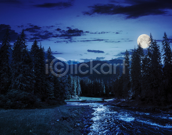 사람없음 JPG 포토 해외이미지 강 나무 달 보름달 야간 야외 파란색 풍경(경치) 하늘 해외202004