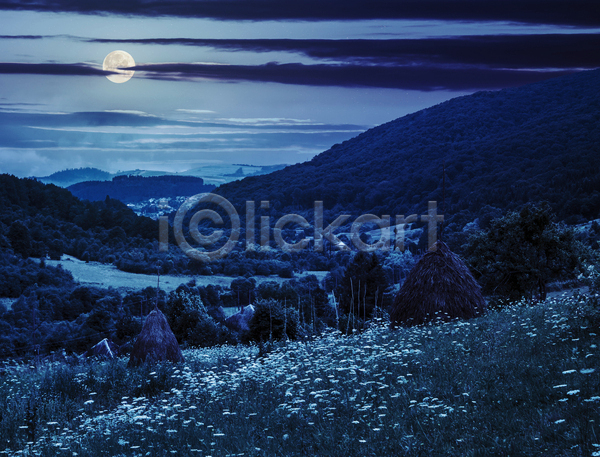 사람없음 JPG 포토 해외이미지 구름(자연) 꽃밭 달 보름달 산 야간 야외 파란색 풍경(경치) 하늘 해외202004