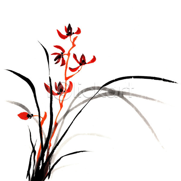 사람없음 JPG 포토 해외이미지 그림 난초 동양화 먹 미술 번짐 붓터치 빨간색 해외202004