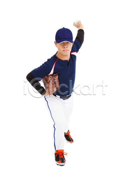 남자 동양인 성인 성인남자한명만 한명 JPG 포토 해외이미지 들기 야구 야구공 야구복 전신 투수 해외202004 흰배경