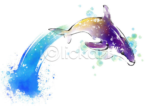 사람없음 PSD 일러스트 돌고래 동물 물보라 번짐 보라색 붓터치 수중동물 점프 캘리그라피 캘리배경 한마리