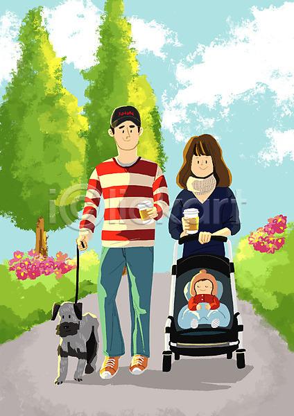 산책 남자 성인 세명 아기 여자 PSD 일러스트 가족 강아지 공원 반려 야외 유모차 전신 커피 한마리