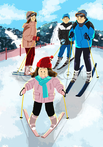 남자 성인 어린이 여러명 여자 청소년 PSD 일러스트 가족 겨울 미소(표정) 스키 스키장 야외