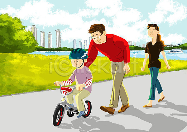 산책 남자 성인 세명 어린이 여자 PSD 일러스트 가족 공원 밀기 부모 야외 자녀 자전거 전신