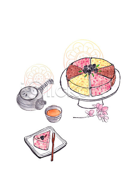 사람없음 PSD 일러스트 꽃 떡 떡케이크 전통문양 전통음식 접시 찻잔 찻주전자 포크 한국전통