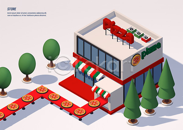 사람없음 3D PSD 디지털합성 편집이미지 3D소스 간판 나무 상점 여러개 옥상 제조 피자 피자집
