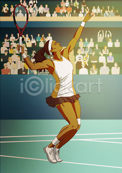 군중 남자 성인 여러명 여자 PSD 일러스트 관람석 들기 스포츠 아트툰 운동 전신 점프 테니스 테니스라켓 테니스선수 테니스장