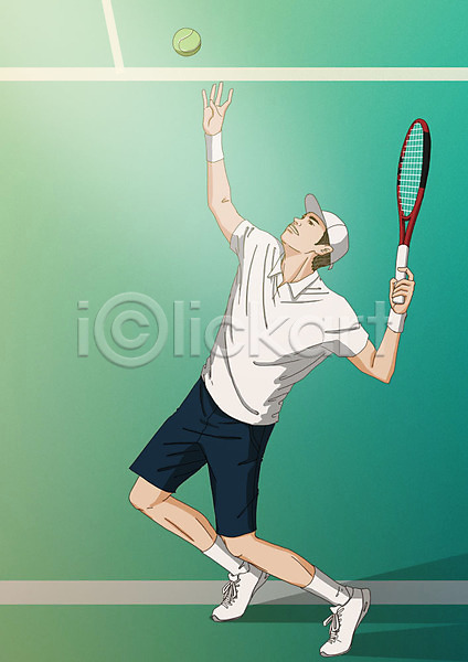 남자 성인 한명 PSD 일러스트 들기 라켓 서기 스포츠 아트툰 운동 응시 전신 테니스 테니스라켓 테니스선수 테니스장