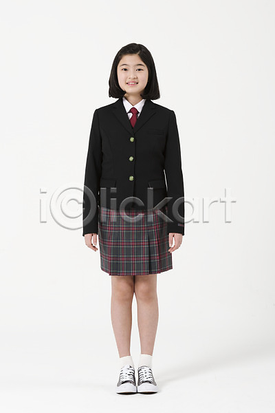 10대 십대여자한명만 여자 한국인 한명 JPG 앞모습 포토 교복 미소(표정) 서기 스튜디오촬영 실내 여중생 여학생 응시 전신 학생