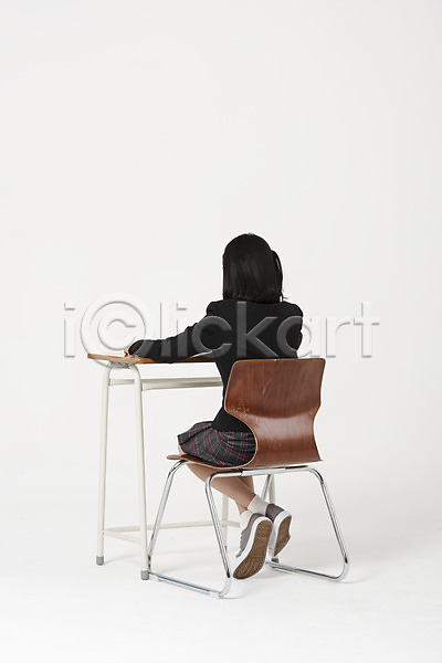 10대 십대여자한명만 여자 한국인 한명 JPG 뒷모습 포토 교복 수업중 스튜디오촬영 실내 앉기 여중생 여학생 의자 전신 책상 학생