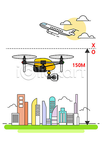 사람없음 AI(파일형식) 일러스트 구름(자연) 금지 높이 높이제한 도시 드론 모빌리티 비행 비행기 빌딩