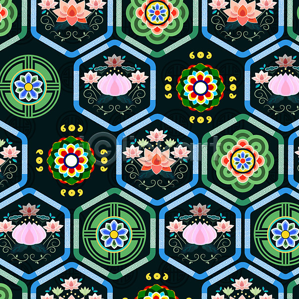 화려 사람없음 AI(파일형식) 일러스트 꽃무늬 단청 백그라운드 연꽃(꽃) 전통 전통무늬 패턴 한국 한국전통