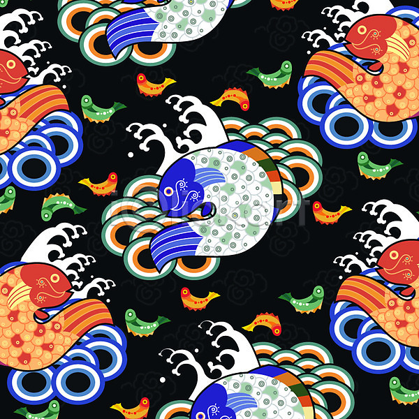 화려 사람없음 AI(파일형식) 일러스트 단청 백그라운드 어류 전통 전통무늬 파도 패턴 한국 한국전통