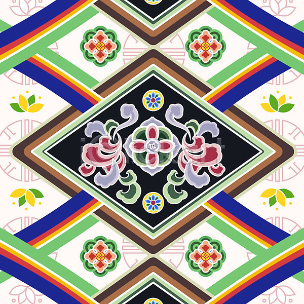 화려 사람없음 AI(파일형식) 일러스트 꽃무늬 단청 백그라운드 오방색 전통 전통무늬 패턴 한국 한국전통
