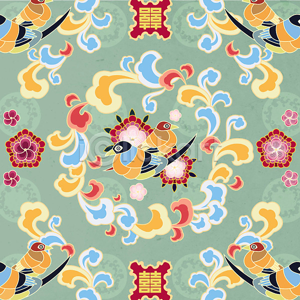 화려 사람없음 AI(파일형식) 일러스트 구름(자연) 꽃 꽃무늬 단청 백그라운드 전통 전통무늬 조류 패턴 한국 한국전통 한자