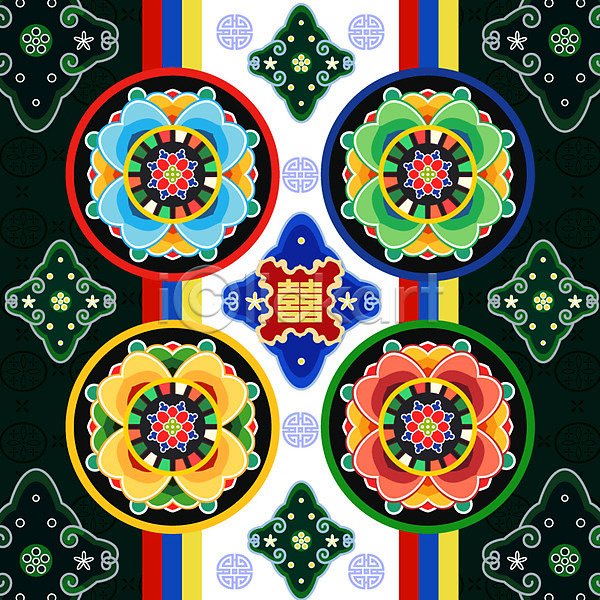 화려 사람없음 AI(파일형식) 일러스트 꽃무늬 단청 백그라운드 오방색 전통 전통무늬 패턴 한국 한국전통 한자