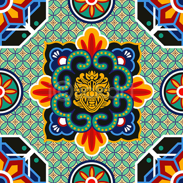 화려 사람없음 AI(파일형식) 일러스트 꽃무늬 단청 도깨비 도형 백그라운드 오방색 원형 전통 전통무늬 전통문양 패턴 한국 한국전통