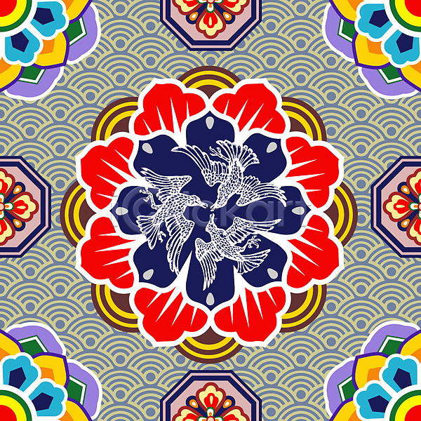 화려 사람없음 AI(파일형식) 일러스트 꽃무늬 단청 백그라운드 오방색 전통 전통무늬 조류 패턴 한국 한국전통