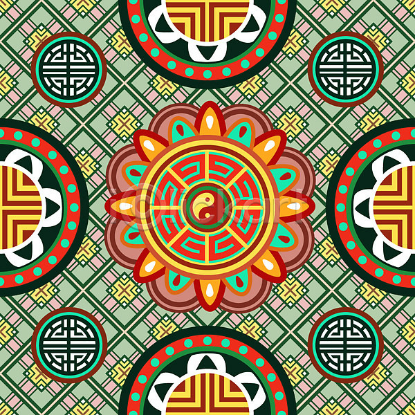 화려 사람없음 AI(파일형식) 일러스트 꽃무늬 단청 백그라운드 오방색 전통 전통무늬 태극 패턴 한국 한국전통