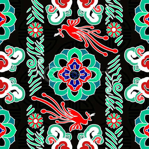 화려 사람없음 AI(파일형식) 일러스트 꽃무늬 단청 백그라운드 봉황 빨간색 전통 전통무늬 초록색 패턴 한국 한국전통