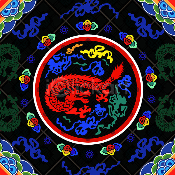 화려 사람없음 AI(파일형식) 일러스트 구름(자연) 꽃무늬 단청 백그라운드 오방색 용 전통 전통무늬 패턴 한국 한국전통