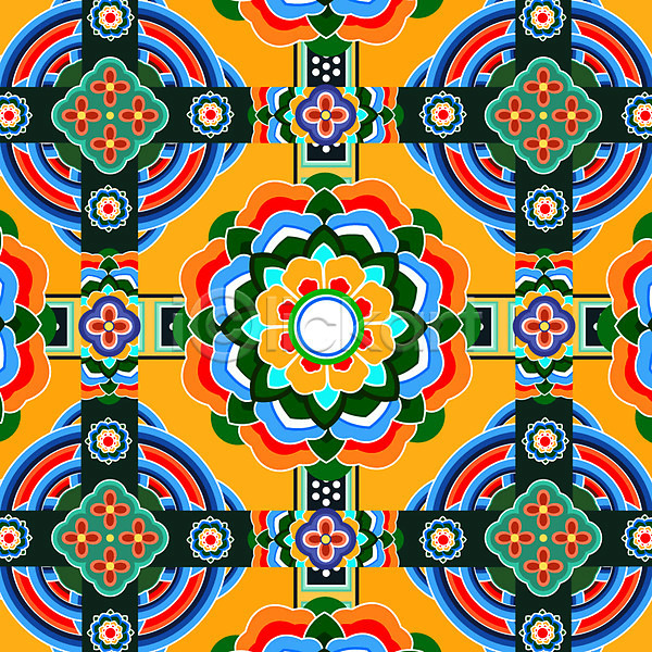 화려 사람없음 AI(파일형식) 일러스트 겹침 꽃무늬 단청 백그라운드 오방색 전통 전통무늬 패턴 한국 한국전통