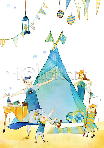 즐거움 남자 사람 성인 어린이 여러명 여자 PSD 일러스트 가정의달 가족 깃발 음식 전신 캠핑 탁자 텐트