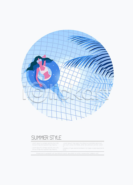 성인 여자 한명 AI(파일형식) 일러스트 나무 도형 백그라운드 수영 수영장 야자수 여름(계절) 여름배경 원형 전신 튜브 파란색