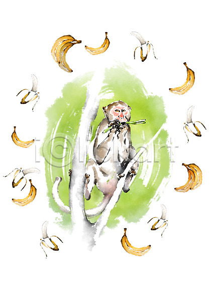 사람없음 PSD 일러스트 나뭇가지 동물 먹기 바나나 바나나껍질 붓터치 오르기 원숭이 캘리그라피 한마리