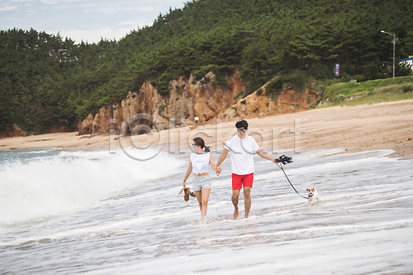 다정 산책 즐거움 20대 남자 두명 사람 성인만 여자 한국인 JPG 앞모습 포토 강아지 걷기 나무 들기 바다 반려 반려견 발담그기 샌들 손잡기 야외 언덕 여름(계절) 전신 주간 커플 태안 파도 한마리 해변
