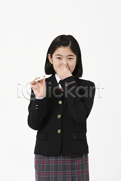 10대 사람 십대여자한명만 여자 한국인 한명 JPG 앞모습 포토 교복 금연 냄새 담배 상반신 서기 손짓 스튜디오촬영 실내 여중생 여학생 찡그림 학생 한개비