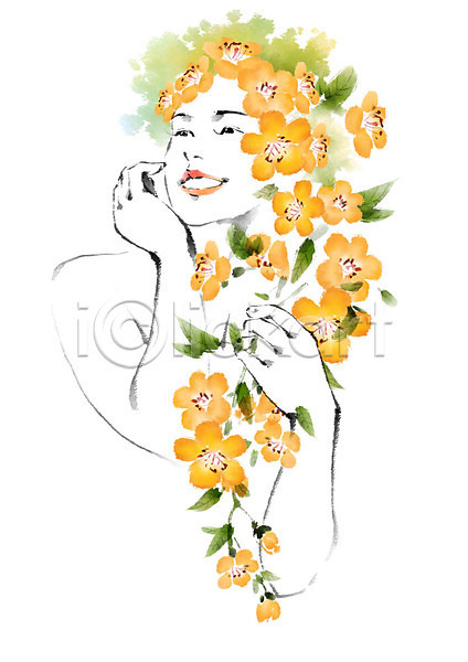 사람 성인 여자 한명 PSD 일러스트 꽃 꽃가지 미소(표정) 상반신 잡기 캘리그라피