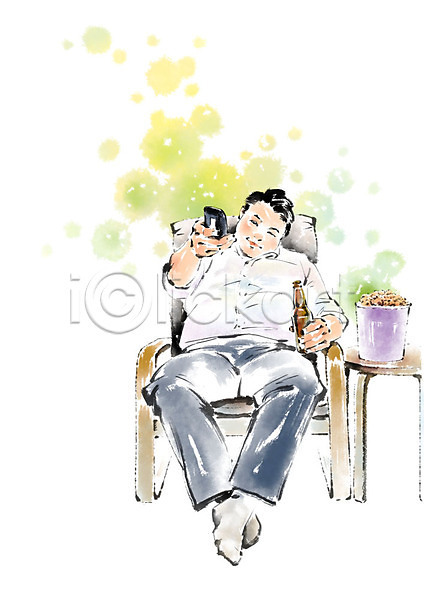 남자 사람 성인 성인남자한명만 한명 PSD 일러스트 리모컨 맥주병 미소(표정) 상반신 싱글라이프 앉기 의자 캘리그라피 팝콘