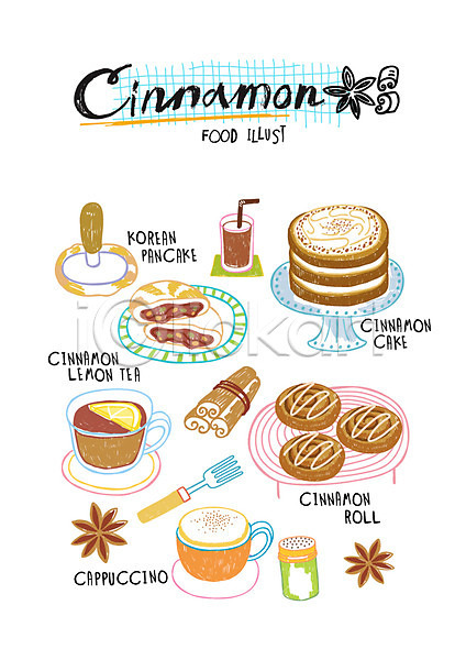 사람없음 AI(파일형식) 일러스트 레몬티 롤빵 시나몬 시나몬가루 음식 카푸치노 케이크 팬케이크 포크