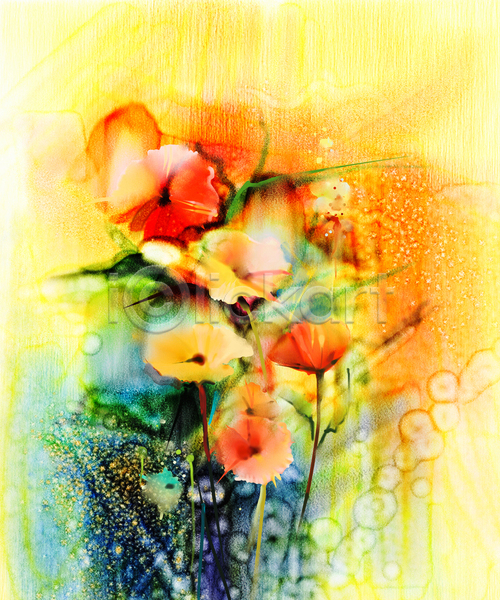 사람없음 JPG 포토 해외이미지 그림 꽃 노란색 미술 번짐 손그림 수채화(물감) 여러송이 해외202004