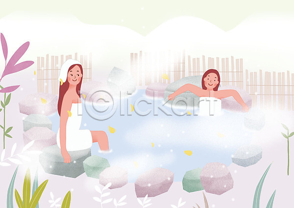 두명 사람 성인 여자 PSD 일러스트 노천탕 눈(날씨) 미소(표정) 바위(돌) 상반신 수건 수증기 앉기 온천 전신 풀잎