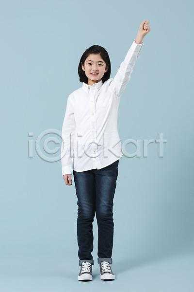 10대 사람 십대여자한명만 여자 청소년 한국인 한명 JPG 앞모습 포토 미소(표정) 서기 손들기 스튜디오촬영 여중생 여학생 전신 캐주얼 파이팅