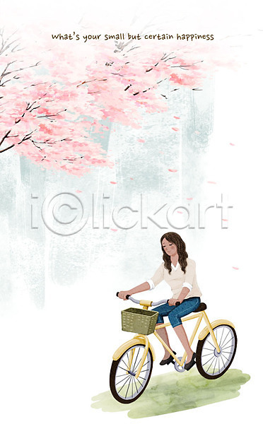 행복 사람 성인 성인여자한명만 여자 한명 PSD 일러스트 공원 꽃나무 꽃잎 소확행 자전거 전신
