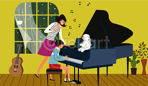청춘(젊음) 두명 사람 성인 어린이 여자 AI(파일형식) 일러스트 건반 기타 레슨 미소(표정) 별 비정규직 아르바이트 악기 전신 최저임금 토끼인형 피아노(악기) 피아노레슨 화분