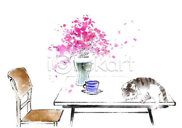 사람없음 PSD 일러스트 고양이 꽃병 동물 반려 번짐 붓터치 의자 캘리그라피 커피잔 탁자 한마리