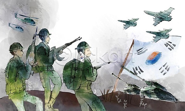 남자 사람 성인 세명 한국인 PSD 일러스트 군복 군용기 군인 나라사랑 언덕 전신 전쟁 총 태극기 탱크 헬리콥터 현충일