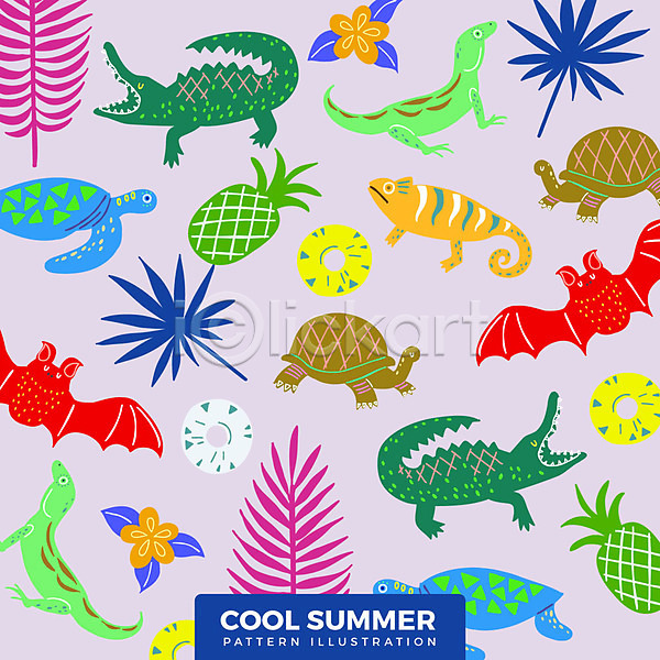사람없음 AI(파일형식) 일러스트 거북이 도마뱀 박쥐 슬라이스 악어 여름(계절) 열대꽃 열대잎 이구아나 튜브 파인애플 패턴