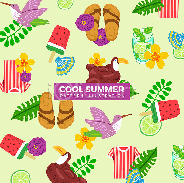 사람없음 AI(파일형식) 일러스트 라임 라임주스 막대아이스크림 반팔티셔츠 수박 슬리퍼 여름(계절) 여름음식 열대꽃 열대잎 제철과일 제철음식 조개껍데기 조류 튜브 패턴