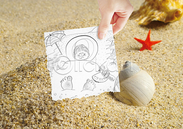 남자 두명 신체부위 어린이 PSD 편집이미지 그림 들기 모래사장 모래찜질 불가사리 소라 손 여름(계절) 종이 파라솔 해변