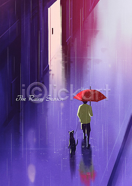 산책 남자 성인 한명 PSD 일러스트 강아지 거리 걷기 비(날씨) 빗줄기 여름(계절) 우산 장마 전신 한마리