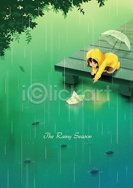 소녀한명만 어린이 여자 한명 PSD 일러스트 다리(건축물) 비(날씨) 빗줄기 손뻗기 여름(계절) 연못 우비 우산 장마 종이배