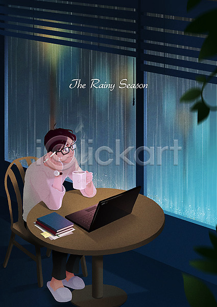 티타임 남자 성인 성인남자한명만 한명 PSD 일러스트 노트북 비(날씨) 빗줄기 안식처 앉기 여름(계절) 장마 전신 창문 카페