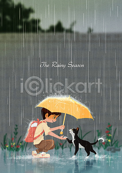 남자 소년한명만 어린이 한명 PSD 일러스트 고양이 비(날씨) 빗줄기 앉기 여름(계절) 우산 장마 전신 한마리