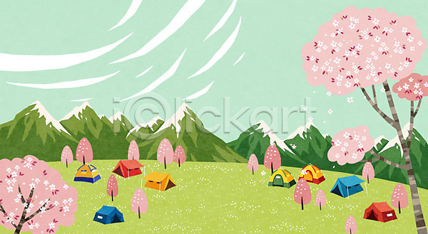 사람없음 PSD 일러스트 백그라운드 벚꽃 벚나무 봄 봄배경 산 캠핑 텐트