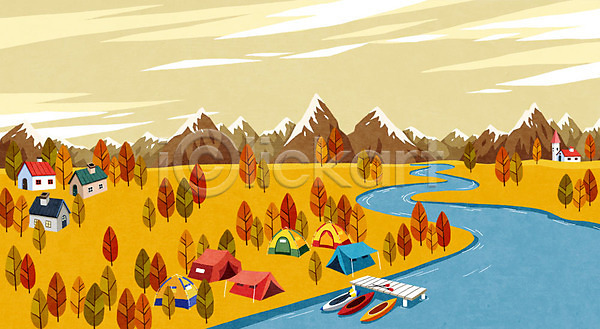 사람없음 PSD 일러스트 가을(계절) 가을배경 강 단풍나무 백그라운드 산 카약 캠핑 텐트